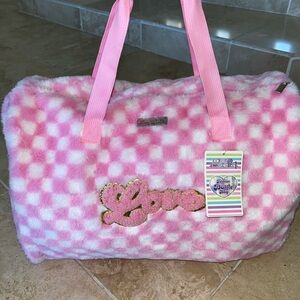 Pink Checkered Duffle Bag with Love Embroidery